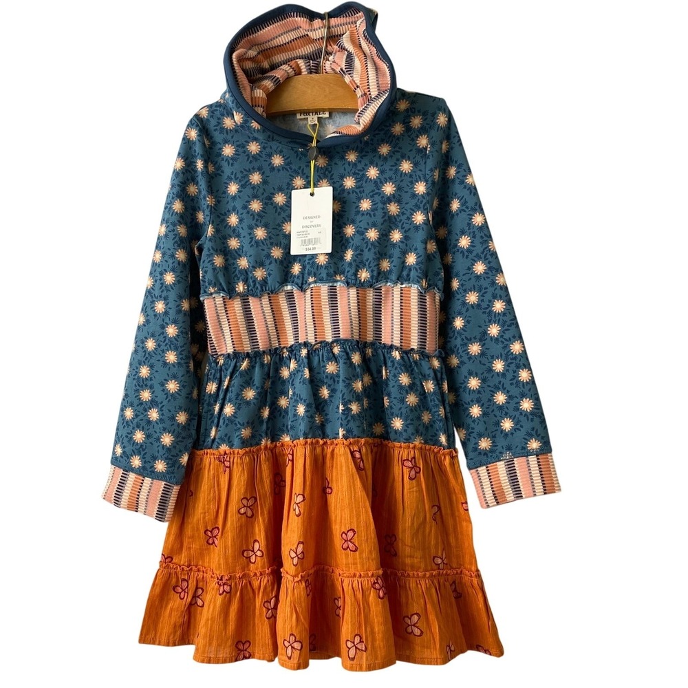 Finding Foxtale Boho Hooded Dress Girls 6 Navy Orange Floral Butterfly Whimsical